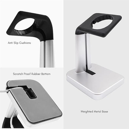 Macally Apple Watch Stand for Series Ultra 10 9 8 7 6 5 4 3 2 1 SE (49mm 45mm 44mm 42mm 41mm 40mm 38mm) - Apple Watch Charger Stand Dock Holder - Sleek Desk iWatch Charging Station - Silver