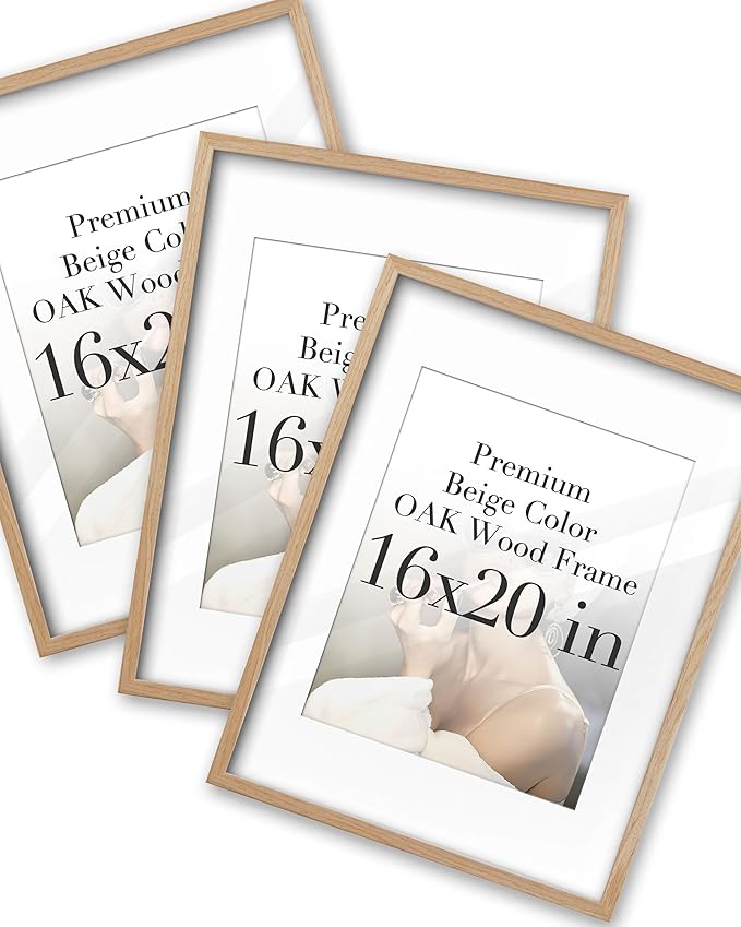iHery Standard 16x20in Premium Truly Natural OAK Wood Beige Color Picture Frame with 2 Mats (11x14,16x20), Acrylic Glass Thickened Backboard, Minimalist Photo Frames Narrow Border Set of 3