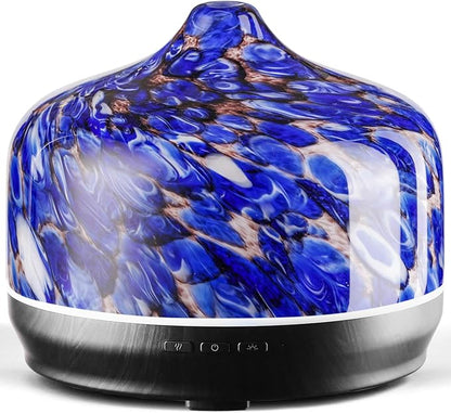 Porseme 500ml Glass Essential Oil Diffuser Aromatherapy Ultrasonic Cool Mist Humidifier 15-21 Running Hours Waterless Auto-Off Air Diffusers for Sleeping Yoga Office Working Spa and Rest (Deep Blue)