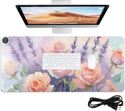 Large Heated Mouse Pad,Leather Desk Mat,31.5"x13",Hand Warmer Pads for Desk,Lavender Rose(Morandi)