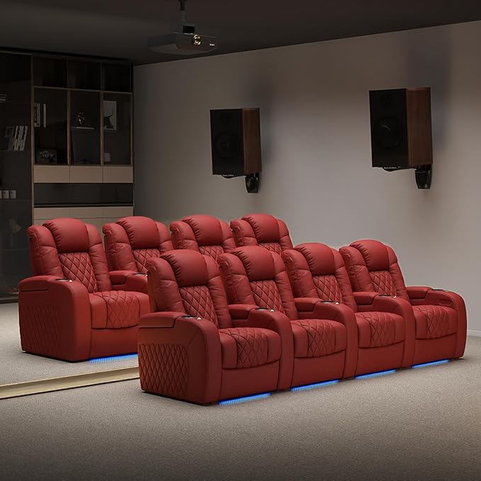 Weilianda Home Theater Seating Top Grain Leather Zero Gravity Recliner Chair Power Headrest Recline Movie Seat Gaming 7 Colors Mood Light Sofa with Tray Table USB Charge Row of 4 Loveseat Left Red