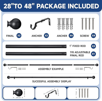 BRIOFOX Black Curtain Rods for Windows 28 to 48 Inch(2.3-4ft)- 1'' Diameter Heavy Duty Curtain Rods with Imitation Wood Grain Pattern Finials,Adjustable Decorative Curtain Rods Set,28-48''