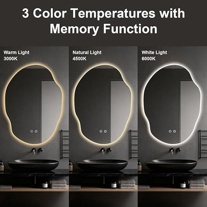 Asymmetrical Bathroom Mirror with Lights,Irregular LED Bathroom Vanity Mirror with Backlit,Anti-Fog,3 Colors and Dimmable Light with Memory,Hardwired Supported[Horizontal/Vertical] 35" H x 25" W