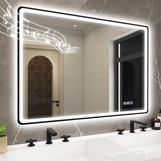 STARLEAD 40"x28" LED-Bathroom-Mirror-with-Lights, Wall-Mounted with Bluetooth, Anti-Fog, 3 Color Temperature Dimmable Brightness, Waterproof, Tempered Glass, Frontlit & Backlit, Black Frameless