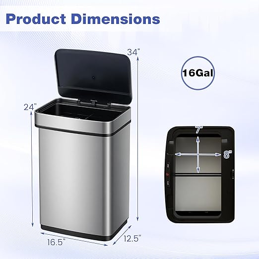 Goplus 16 Gal Automatic Trash Can, Stainless Steel Motion Sensor Trash Can with 2 Compartments, Quick Response & Soft Close Lid, Touchless Compact Garbage Bin for Kitchen, Bedroom, Bathroom and Office