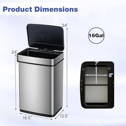 Goplus 16 Gal Automatic Trash Can, Stainless Steel Motion Sensor Trash Can with 2 Compartments, Quick Response & Soft Close Lid, Touchless Compact Garbage Bin for Kitchen, Bedroom, Bathroom and Office
