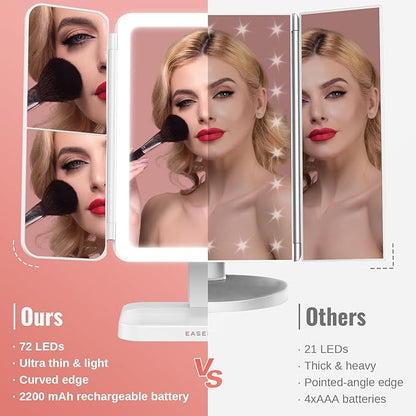 EASEHOLD Vanity Mirror with Lights, 2X 3X Magnification, Trifold, Rechargable, Touch Control - Gifts for Girls & Women