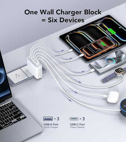 USB C Wall Charger, 100W 6-Port PD Fast USB C Charging Block,3USB C+3USB A Charging Station Hub Block Power Strip Adapter Plug Type C Cube Brick for iPhone 16/15/14/13/12/Pro Max,iPad,Samsung,Tablet