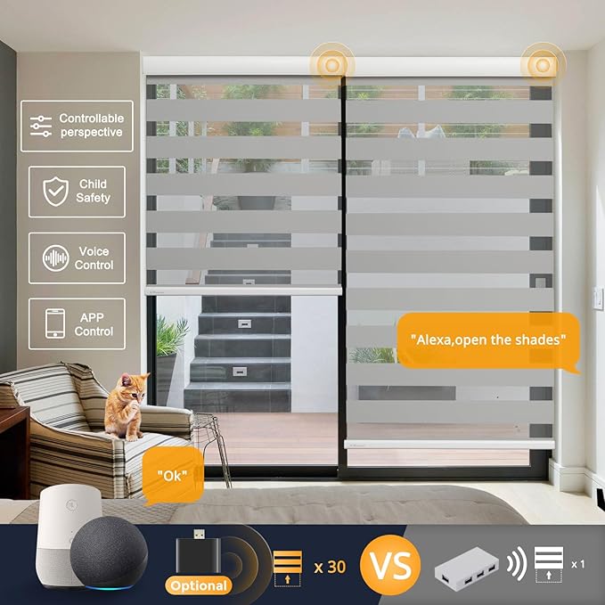 Motorized Blinds with Remote, Cordless Automatic Zebra Shades, Smart Blind for Windows, Grey, 20 x 72