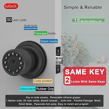 Smart Door Knob with Keypad and Key,Keyless Entry Door Lock with Rubber Grip, Auto Lock,50 User Code,Waterproof, Easy to Install and Program for Bedroom (Matte Black Same Key 2 Pack)