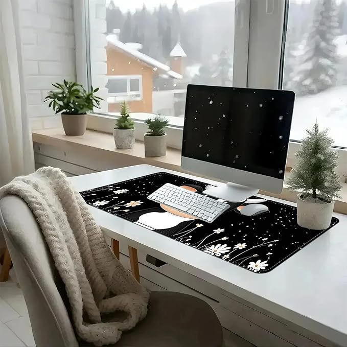 Heated Mouse Pad with 3 Temperature Settings(104°F–122°F),Large 31.5x13 Inch PU Leather Heated Desk Mat,Waterproof Warming Pad for Office,Gaming & Cold Hands Relief,Cute Black White Cow