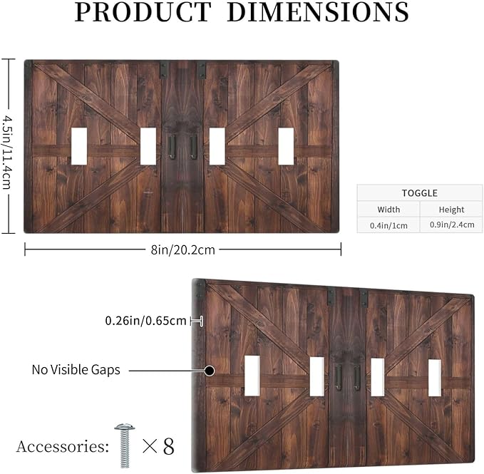 Decorative Light Switch Cover Plate Vintage Brown Farmhouse Barn Door 4 Gang Wall Plates for Electrical Outlets Quad Toggle Switch Plate Covers Outlet Covers Faceplate for Bedroom Home Decor