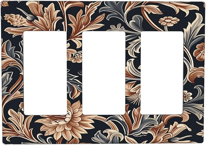 Light Switch Covers Vintage Grey Plant Leaves Brown Flowers 3 Gang Rocker Electrical GFCI Decorative Triple Outlet Wall Plate Cover Switchplate for Bedroom Home Decor