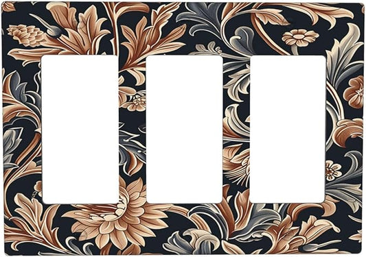 Light Switch Covers Vintage Grey Plant Leaves Brown Flowers 3 Gang Rocker Electrical GFCI Decorative Triple Outlet Wall Plate Cover Switchplate for Bedroom Home Decor