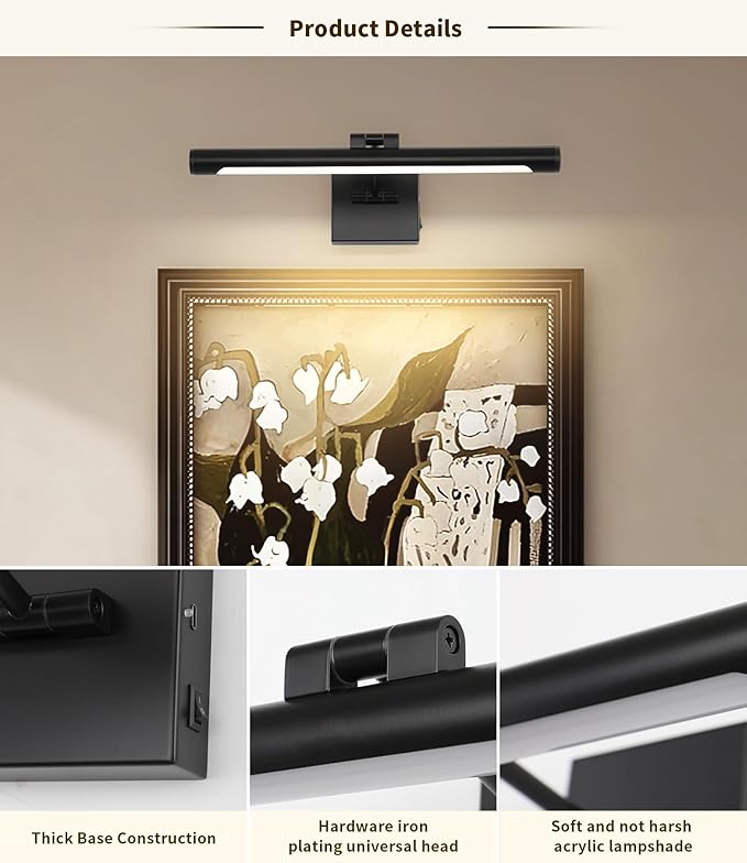 Joosenhouse Battery Operated Picture Light Rechargeable Art Light Wireless Gallery Light with Remote Control and Timed Dimmable with Single Swing Arm 16.54 Inch Warm White Black