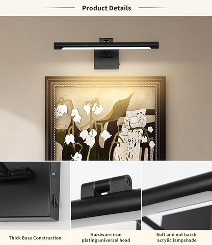 Joosenhouse Battery Operated Picture Light Rechargeable Art Light Wireless Gallery Light with Remote Control and Timed Dimmable with Single Swing Arm 16.54 Inch Warm White Black