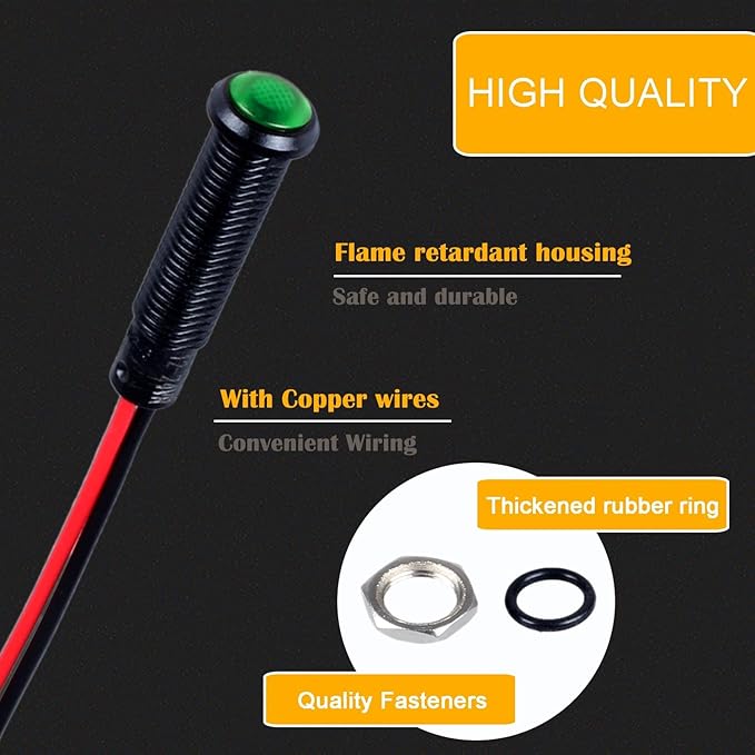 5pcs 6mm LED Indicator Light Plastic Black Signal Dot Lamp 12V-24V 1/4" Mounting Hole Size with 15cm/5.9in. Wire (Green LED)