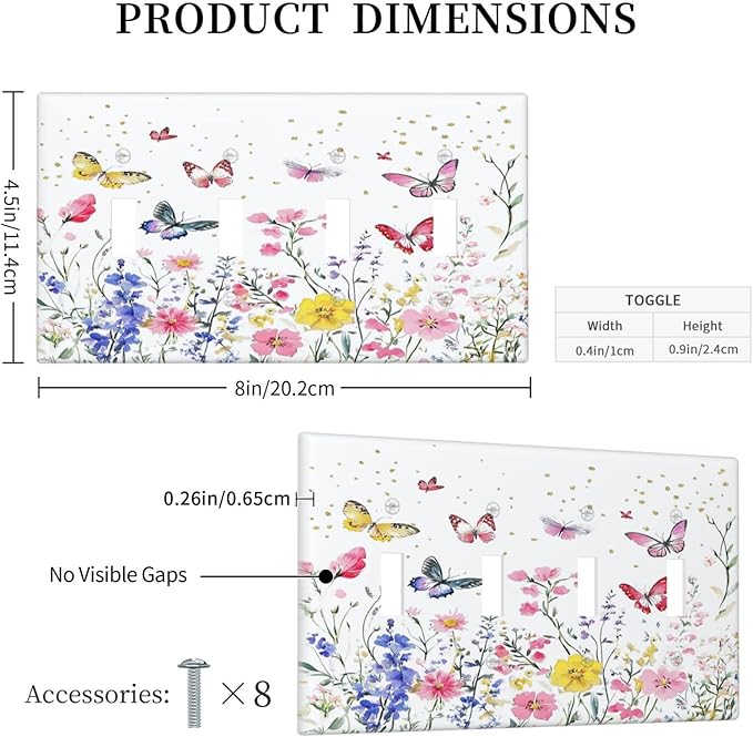 Light Switch Covers Watercolor Floral Butterfly Colorful Wildflower Quad Toggle Electrical Faceplate 4 Gang Wall Plate Decorative Switch Plates For Bed Room Living Room Decor