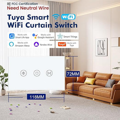 Smart Curtain Switch 118X72X34MM Neutral Wire Required, 2.4GHz WiFi,Tempered Glass Panel, Multi-Control Way Work with Alexa and Smart Life, White WiFi Curtain
