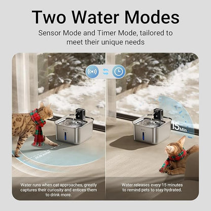 DownyPaws Cat Water Fountain Stainless Steel Wireless, 101 oz/3L FurSink Cordless Water Fountain for Cats, Battery Operated Cat Fountains for Drinking with Motion Sensor, Easy Clean, Metal