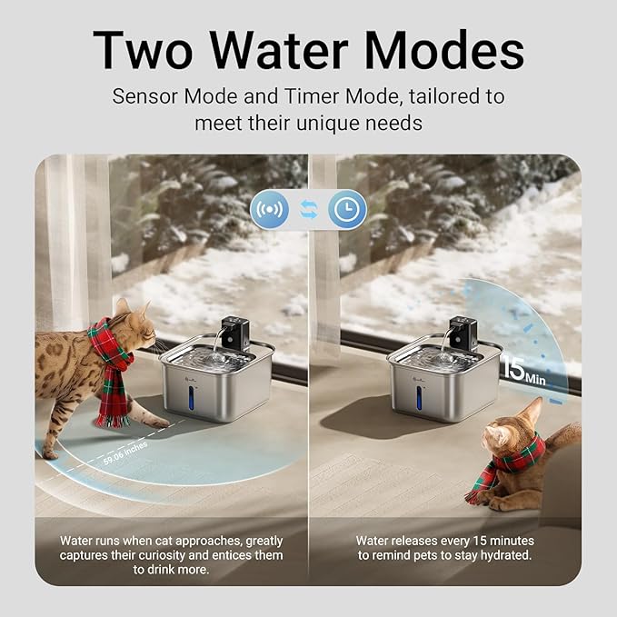 DownyPaws Cat Water Fountain Stainless Steel Wireless, 101 oz/3L FurSink Cordless Water Fountain for Cats, Battery Operated Cat Fountains for Drinking with Motion Sensor, Easy Clean, Metal & 6 Filters