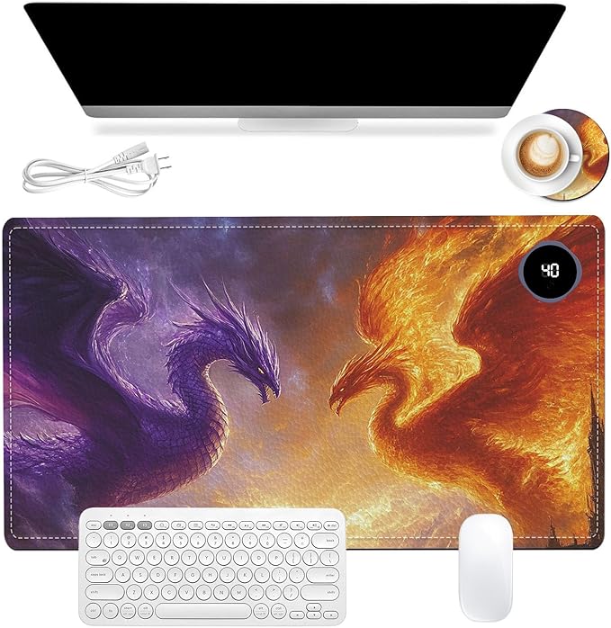 Heated Mouse Pad 23.6 x 14 in 3-Temp Fast Heating Desk Mat with Auto Timer Warmer for Hands Wrist Pain Relief Waterproof Keyboard Mat for Office, Gaming, Home, Dragon Battle Art
