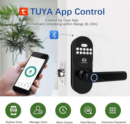 Keyless Entry Door Lock with Handle, Smart Fingerprint Deadbolt, APP Control & Keypad Password Unlock for Front Door, Home, Apartment