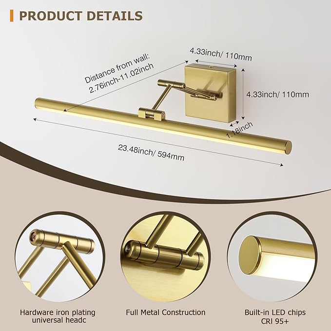 Joossnwell Hard-Wired Picture Light for Wall Brass Art Lighting Dimmable Gallery Light 23.39 inch Picture Frame Light with Adjustable Swing Arm for Painting Library Display Artwork Museum Warm White