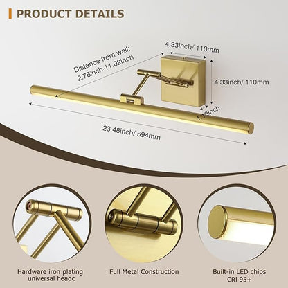 Joossnwell Hard-Wired Picture Light for Wall Brass Art Lighting Dimmable Gallery Light 23.39 inch Picture Frame Light with Adjustable Swing Arm for Painting Library Display Artwork Museum Warm White