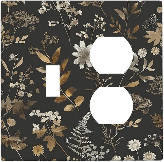 Wallplates Black Gold Floral Dark Leaves Vintage Flowers 1 Toggle 1 Duplex Switch Plate Electrical GFCI Faceplate Decorative Light Switch Covers for Bed Room Home Decor