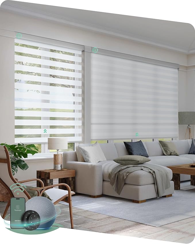 Yoolax Motorized Blinds with Remote, Electric Zebra Blinds for Indoor Windows, Room Darkening Smart Shades with Voice Control, Compatible with Alexa Google Home, APP Control, 47" W x 72" H, White