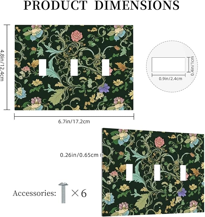 Decorative Light Switch Cover Plate Vintage Green Leaf Plant Rustic Pink Flower 3 Gang Wall Plate Oversized Triple Toggle Switch Cover Plate Jumbo Faceplate for Home Decor
