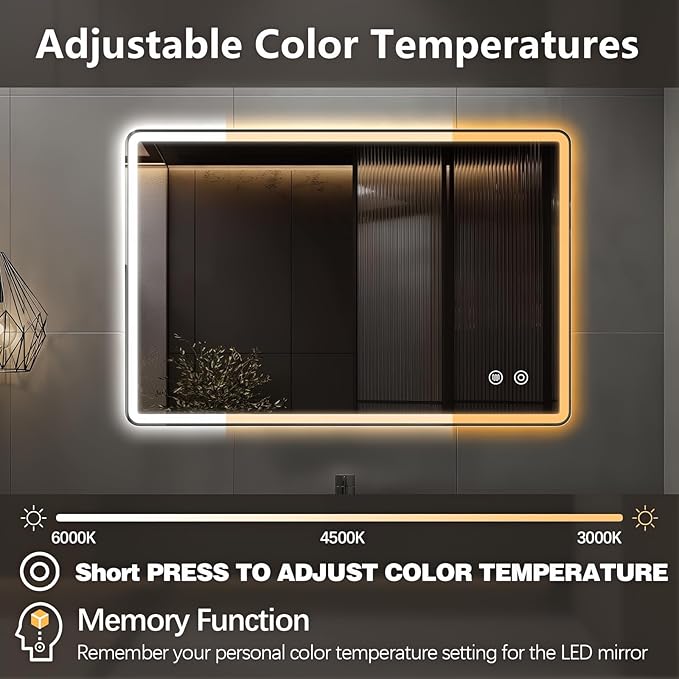 Niccy Led Mirror for Bathroom, 36"x24" Frameless Frontlit and Backlit Mirror for Wall Lighted Mirror with Bedroom 3 Color, Defogger, Explosion-Proof, HD Glass, IP65 Vanity Mirror Horizontal/Vertical
