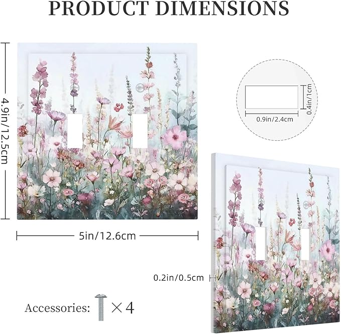 Pink Floral Watercolor Botanical Wildflowers Decorative Switch Plates 2 Gang Double Toggle Outlet Light Switch Cover Wall Plate Electrical Faceplate For Bed Room Living Room Decor