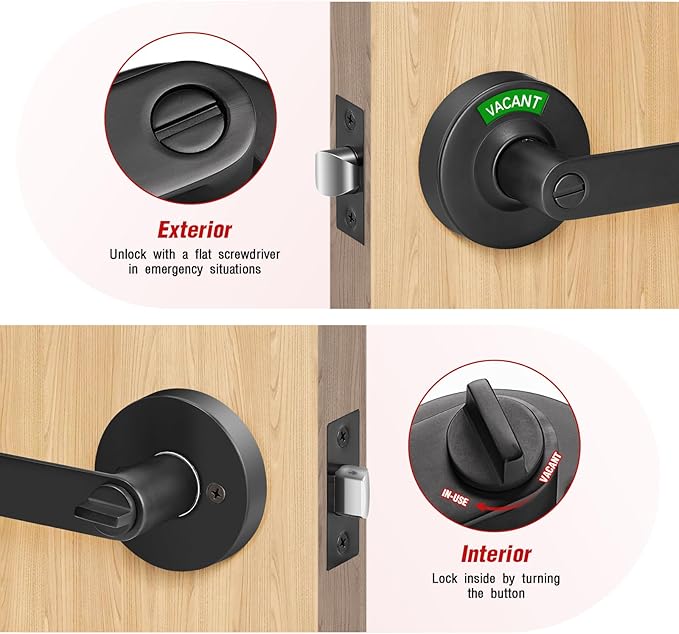 Bathroom Indicator Privacy Door Lock, Vacant Occupied Bathroom Lock, Large Vacant or in-Use Door Handle for All Women Men Restrooms, Ansi Grade 2 Commercial Grade, Black