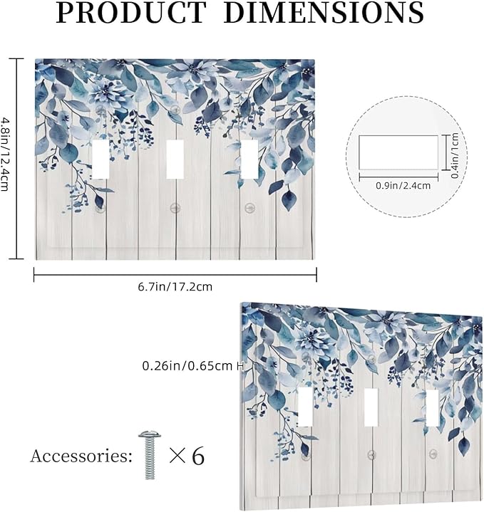 Eucalyptus Rustic Watercolor Plant Decorative Switch Plates 3 Gang Wall Plate Triple Toggle Light Switch Cover Faceplate Electrical Wall Panels For Farmhouse Home Decor