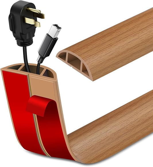 Floor Cord Cover Self Adhesive Cord Hider Floor Extension Cord Covers for Floor Power Cord Protector Cable Management Prevent Cable Trips Cable Cavity 0.59" W x 0.31" H (Light Brown Wood, 3.3Ft)
