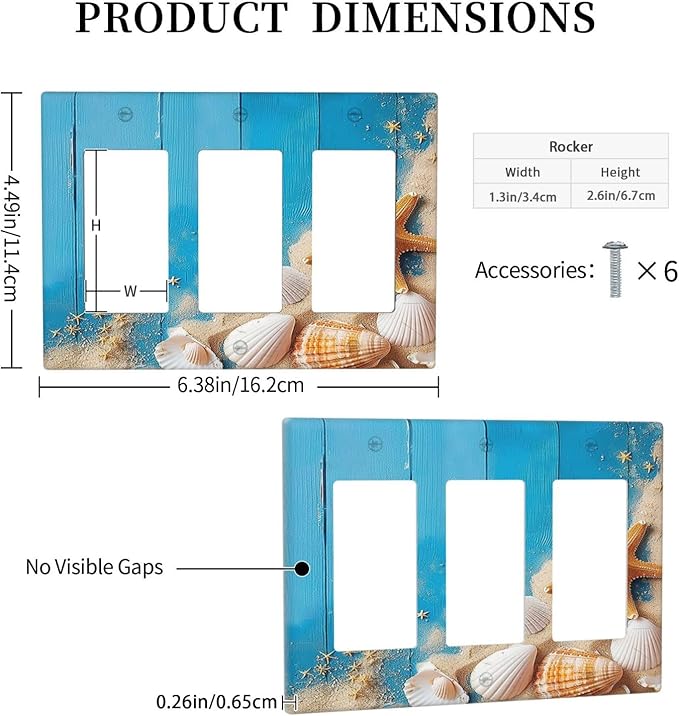 Light Switch Covers Blue Wood Grain Beach Shell Starfish 3 Gang Rocker Electrical GFCI Decorative Triple Outlet Wall Plate Cover Switchplate for Bathroom Farmhouse Decor