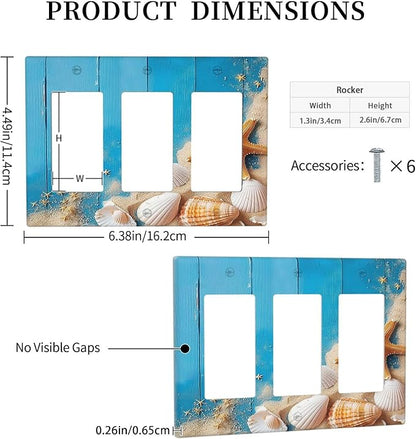 Light Switch Covers Blue Wood Grain Beach Shell Starfish 3 Gang Rocker Electrical GFCI Decorative Triple Outlet Wall Plate Cover Switchplate for Bathroom Farmhouse Decor