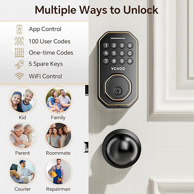 Keyless Entry Door Lock with 2 Knobs App Control Smart Locks for Front Door WiFi Door Lock Set Automatic Lock One Time Password Anti Peeping Password IP54, Bronze