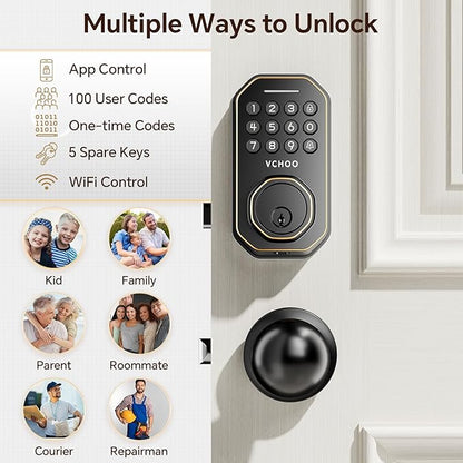 Keyless Entry Door Lock with 2 Knobs App Control Smart Locks for Front Door WiFi Door Lock Set Automatic Lock One Time Password Anti Peeping Password IP54, Bronze