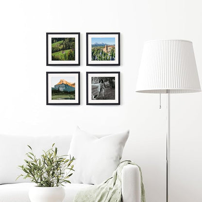 Fun Memories 10x10 Picture Frames, Square Frame 10 by 10 with Mat for 8 by 8, Rustic Oak Wood Frame 10"x10", 10 x 10 Wood Frame Set of 4, Minimalist 10x10 Photo Frames, Black Color
