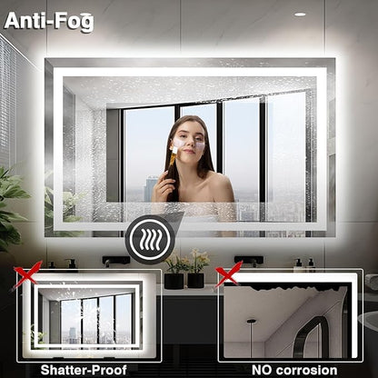 50"x36" Lighted Mirrors for Bathroom Wall, Anti-Fog LED Vanity Mirror, Shatter-Proof, 3 Colors Memory Mirror (Horizontal/Vertical)