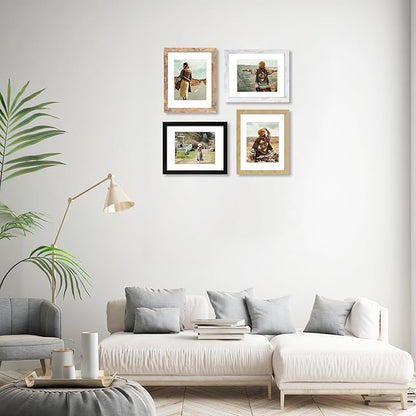 iRahmen 11x14 Picture Frame Set of 4, High Definition Tempered Glass 11 x 14 Frames Display 8x10 Pictures with Mat, Mixed Color Wood Photo Frame Wall Mounting