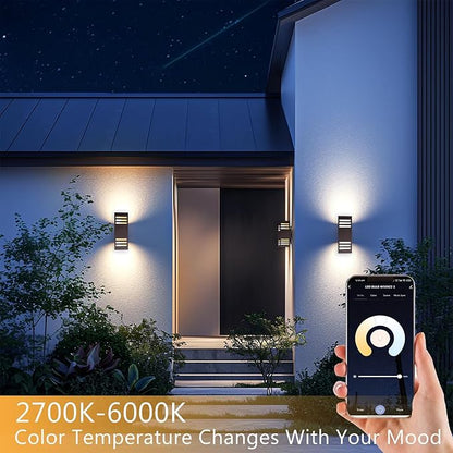 Modern Outdoor Wall Lights, Up and Down Color Changing Porch Lights,Cylinder Lights Outdoor Wall Sconce,Bronze Exterior Lighting Fixture Compatible with Smart Life & Tuya Smart