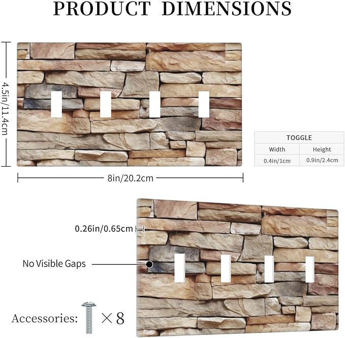 Light Switch Covers Stone Textured Brown Brick Natural Stone Quad Toggle Electrical Faceplate 4 Gang Wall Plate Decorative Switch Plates For Farmhouse Cabin Decor