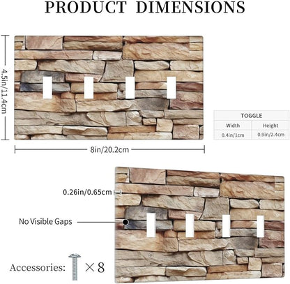 Light Switch Covers Stone Textured Brown Brick Natural Stone Quad Toggle Electrical Faceplate 4 Gang Wall Plate Decorative Switch Plates For Farmhouse Cabin Decor
