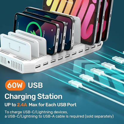 Alxum Multi Charging Station,10 Ports USB Charging Station for Multiple Devices,60W 10 Ports Charging Dock,Compatible with iPad, iPhone, Tablet and Cell Phone