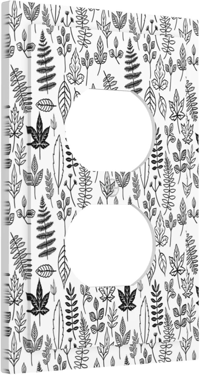 Black White Leaf Wheat Maple Leaf Plant Outlet Covers 1 Gang Duplex Light Switch Cover Wall Plate Decorative Switch Plates Electrical Receptacle Faceplate for Bedroom Bathroom Decor