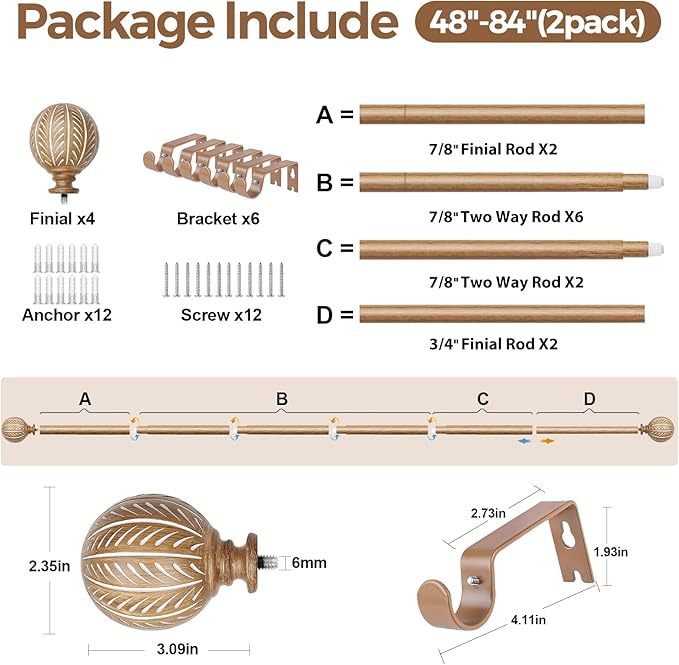 KAMANINA 2 Pack Wood Curtain Rods for Windows 48 to 84 Inch(4-7ft), 1 Inch Adjustable Drapery Rod, Decorative Heavy Duty Curtain Rods with Leaf Pattern Finials, Wood Grain